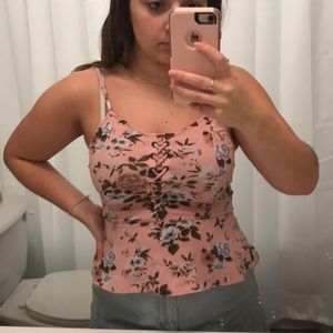 Floral pink tank top with lacing across the chest
